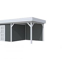 Vuren Topvision Parelhoen, 400 x 300 en luifel 300 cm, wanden antraciet en basis lichtgrijs.