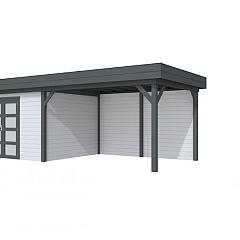 Vuren Topvision Parelhoen, 400 x 300 en luifel 400 cm, wanden lichtgrijs en basis antraciet.