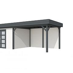 Vuren Topvision Parelhoen, 400 x 300 en luifel 400 cm, wanden wit en basis antraciet.