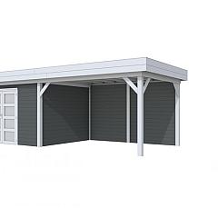 Vuren Topvision Parelhoen, 400 x 300 en luifel 400 cm, wanden antraciet en basis lichtgrijs.