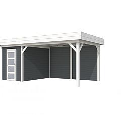 Vuren Topvision Kiekendief, 200 x 300 en luifel 400 cm, wanden antraciet en basis wit.