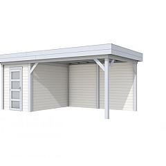 Vuren Topvision Kiekendief, 200 x 300 en luifel 400 cm, wanden wit en basis lichtgrijs.