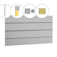 Zweeds rabat vuren enkelzijdige achterwand D, 328,5 x 125 cm, lichtgrijs gespoten.