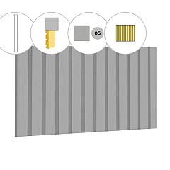 Rhombusprofiel vuren enkelzijdige wand E, 371 x 224 cm, lichtgrijs gespoten.