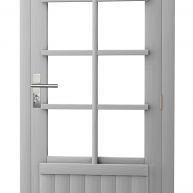 Vuren enkele 8-ruits deur inclusief kozijn, rechtsdraaiend, 90 x 201 cm, lichtgrijs gespoten.