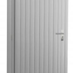 Vuren enkele dichte deur extra breed inclusief kozijn, linksdraaiend, 112 x 201 cm, lichtgrijs gespoten.