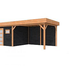 Douglas Topvision Raaf, 298 x 298 en luifel 400 cm, wanden zwart geïmpregneerd en basis onbehandeld.