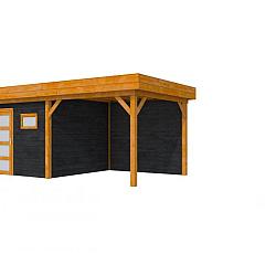 Douglas Topvision Raaf, 298 x 298 en luifel 300 cm, wanden zwart geïmpregneerd en basis transparant gespoten.