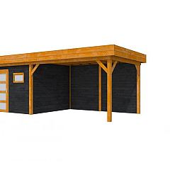 Douglas Topvision Raaf, 298 x 298 en luifel 400 cm, wanden zwart geïmpregneerd en basis transparant gespoten.