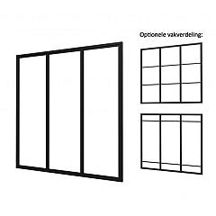 Industriële glaspui B, zwart gecoat aluminium raamwerk, 228,5 x 224 cm.