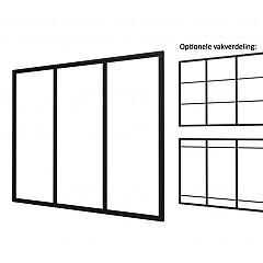 Industriële glaspui C, zwart gecoat aluminium raamwerk, 278,5 x 224 cm.