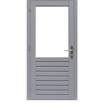 Hardhouten enkele 1-ruits deur Prestige met dubbelglas, rechtsdraaiend, 109 x 221 cm, grijs gegrond.