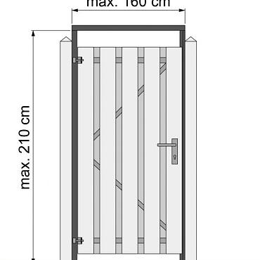 Tuindeurkozijn geschaafd naaldhout met aanslaglat, max. 160 cm breed, geïmpregneerd en zwart gedompeld.