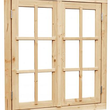 Vuren dubbel uitzetraam met dubbelglas, 112 x 120,5 cm, onbehandeld.