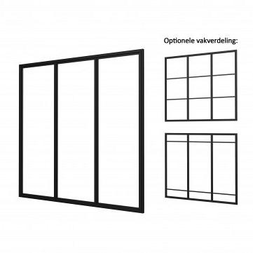 Industriële glaspui B, zwart gecoat aluminium raamwerk, 228,5 x 224 cm.