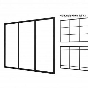 Industriële glaspui C, zwart gecoat aluminium raamwerk, 278,5 x 224 cm.