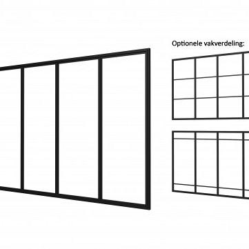 Industriële glaspui D, zwart gecoat aluminium raamwerk, 328,5 x 224 cm.