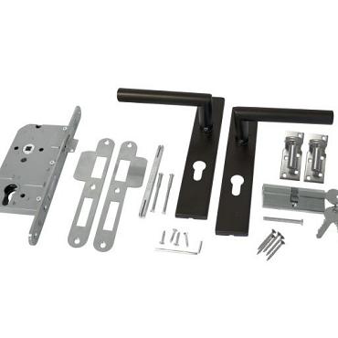 RVS luxe deurbeslagset zwart gecoat. SKG keurmerk met slotkast, cilinder, slot en duimen.