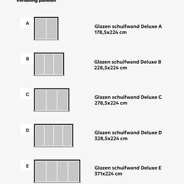 Glazen schuifwand Deluxe B (228,5x224 cm), zwart (RAL9005), inclusief zwarte knop, tochtstrippen en meenemers.