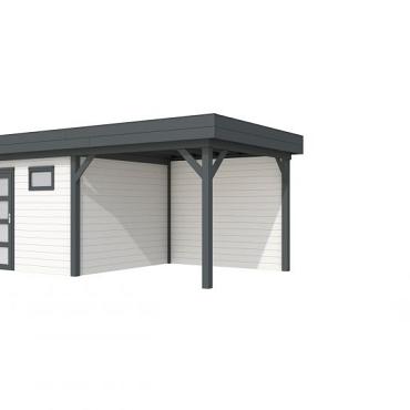 Vuren Topvision Tapuit, 300 x 300 en luifel 300 cm, wanden wit en basis antraciet.