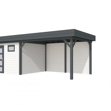 Vuren Topvision Tapuit, 300 x 300 en luifel 400 cm, wanden wit en basis antraciet.