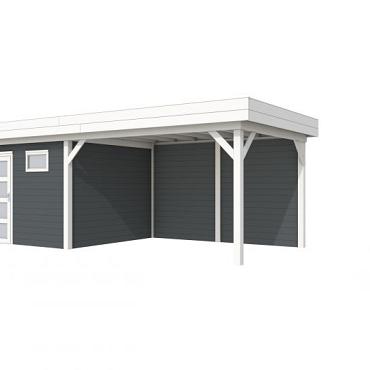 Vuren Topvision Tapuit, 300 x 300 en luifel 400 cm, wanden antraciet en basis wit.