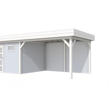 Vuren Topvision Tapuit, 300 x 300 en luifel 400 cm, wanden lichtgrijs en basis wit.