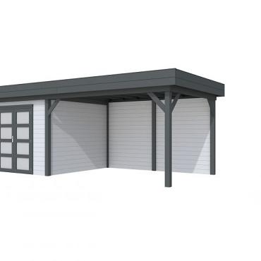 Vuren Topvision Bosuil, 300 x 300 en luifel 400 cm, wanden lichtgrijs en basis antraciet.