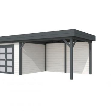 Vuren Topvision Bosuil, 300 x 300 en luifel 400 cm, wanden wit en basis antraciet.