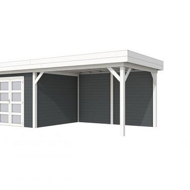 Vuren Topvision Bosuil, 300 x 300 en luifel 400 cm, wanden antraciet en basis wit.