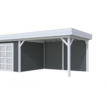 Vuren Topvision Bosuil, 300 x 300 en luifel 400 cm, wanden antraciet en basis lichtgrijs.