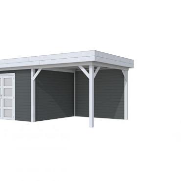 Vuren Topvision Parelhoen, 400 x 300 en luifel 300 cm, wanden antraciet en basis lichtgrijs.