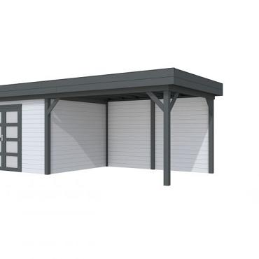 Vuren Topvision Parelhoen, 400 x 300 en luifel 400 cm, wanden lichtgrijs en basis antraciet.