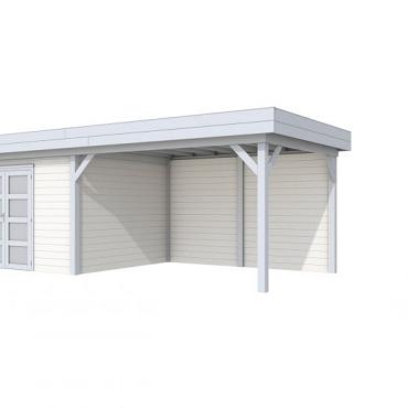 Vuren Topvision Parelhoen, 400 x 300 en luifel 400 cm, wanden wit en basis lichtgrijs.