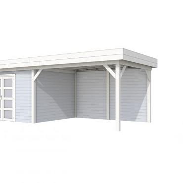 Vuren Topvision Parelhoen, 400 x 300 en luifel 400 cm, wanden lichtgrijs en basis wit.