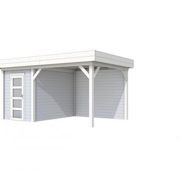 Vuren Topvision Kiekendief, 200 x 300 en luifel 300 cm, wanden lichtgrijs en basis wit.