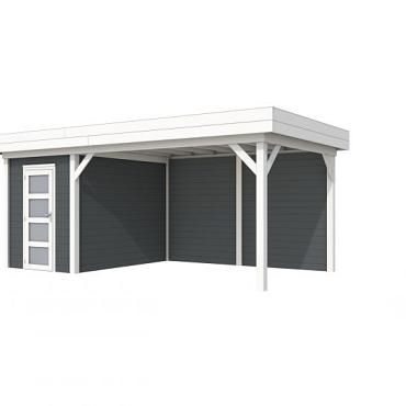 Vuren Topvision Kiekendief, 200 x 300 en luifel 400 cm, wanden antraciet en basis wit.