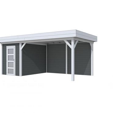 Vuren Topvision Kiekendief, 200 x 300 en luifel 400 cm, wanden antraciet en basis lichtgrijs.