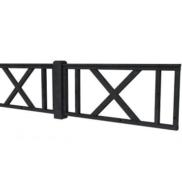 Hekwerk met kruis douglas type D, 328,5 x 73 cm, zwart geïmpregneerd.