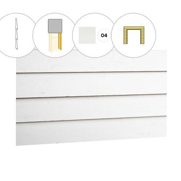 Zweeds rabat plankenset vuren bij voorwand D, t.b.v. dubbele deur, 328,5 x 285 cm, wit gespoten.