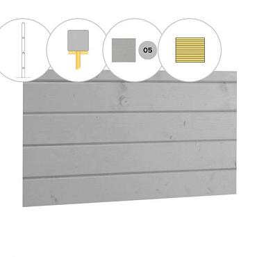 Blokhutprofiel vuren achterwand D, 328,5 x 186 cm, lichtgrijs gespoten.