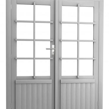 Vuren dubbele 8-ruits deur inclusief kozijn, 168 x 201 cm, lichtgrijs gespoten.