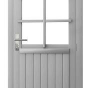 Vuren enkele 6-ruits deur inclusief kozijn, rechtsdraaiend, 90 x 201 cm, lichtgrijs gespoten.