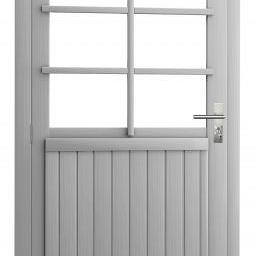 Vuren enkele 6-ruits deur extra breed inclusief kozijn, linksdraaiend, 112 x 201 cm, lichtgrijs gespoten.