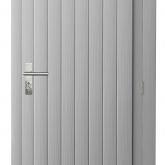 Vuren enkele dichte deur inclusief kozijn, rechtsdraaiend, 90 x 201 cm, lichtgrijs gespoten.