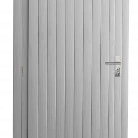 Vuren enkele dichte deur extra breed inclusief kozijn, linksdraaiend, 112 x 201 cm, lichtgrijs gespoten.