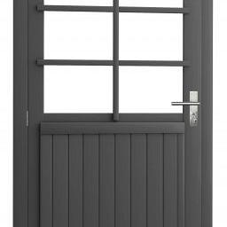 Vuren enkele 6-ruits deur extra breed inclusief kozijn, linksdraaiend, 112 x 201 cm, antraciet gespoten.