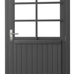 Vuren enkele 6-ruits deur extra breed inclusief kozijn, rechtsdraaiend, 112 x 201 cm, antraciet gespoten.