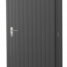 Vuren enkele dichte deur extra breed inclusief kozijn, rechtsdraaiend, 112 x 201 cm, antraciet gespoten.