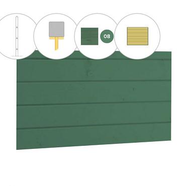 Blokhutprofiel vuren achterwand B, 228,5 x 186 cm, jungle groen gespoten.